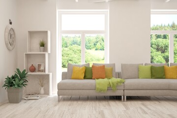 White living room with sofa and summer landscape in window. Scandinavian interior design. 3D illustration