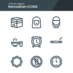 icon set of ramadhan eid mubarak muslim, man, female and many more. with line style vector. suitable use for web app and pattern design.