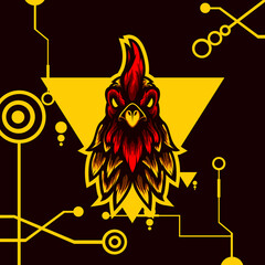 logo esport head rooster angry expression with yellow ornament. logo vector character head rooster for gaming. theme red color costume character. © Tokaili