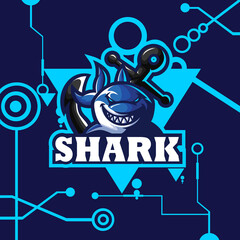 Printlogo esport shark angry expression with blue ornament. logo vector character shark for gaming. theme blue color costume character. © Tokaili