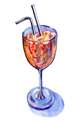 Italian aperitif cocktail glass of Aperol Spritz. Traditionally drink. Сolored pencils, ballpoint pen watercolor hand-drawn sketch. Illustration isolated on white background. Trendy style menu flyer