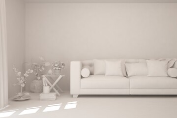 White minimalist living room with sofa. Scandinavian interior design. 3D illustration