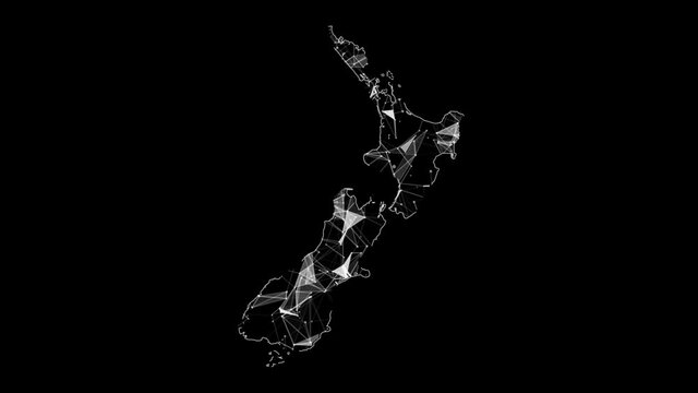 Abstract white plexus network in "New Zealand" map. Various polygonal abstract lines in digital technology network maps or lines of the future world.
