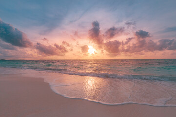 Closeup sea sand beach. Panoramic beach landscape. Inspire tropical beach seascape horizon. Orange...