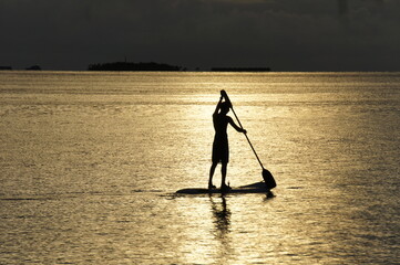 stand up paddle boarding in calm sea at sunset