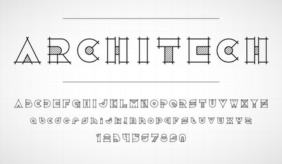 Architech font. Graphic black and white letters. Linear drawing alphabet for banners, logos and texts. Vector illustration.