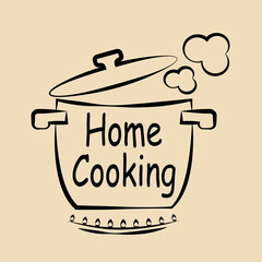 Saucepan on a gas stove, line drawing abstract poster, home cooking concept, vector illustration.