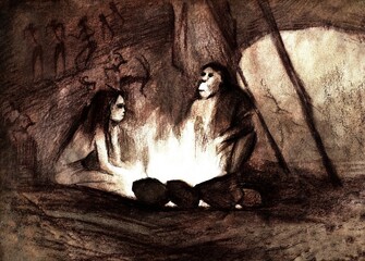 prehistoric people in a cave near the fire, Australopithecus, Neanderthals
 - obrazy, fototapety, plakaty