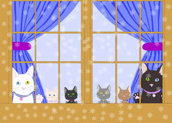 Illustration drawing of two cartoon cats with heterochromia and four diverse kittens peaking out through a brown wood window with paws on the glass. Entranced by the snow falling outside.