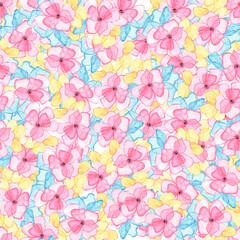 Awesome floral pattern with vibrant colorful pink, blue and yellow flowers on a white background. Elegant template for fashion prints. Seamless floral background. Folk style