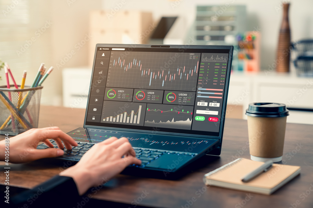 Aufkleber stock exchange market concept, business people trader looking computer with graphs analysis candle l
