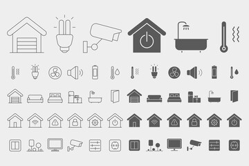 Fototapeta premium Smart House Icons set - Vector outline symbols and silhouettes of home security management technologies for the site or interface