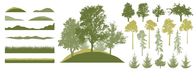 Forest, constructor kit. Silhouettes of beautiful birch, fir trees, poplar ,grass, hill. Collection of element for create beautiful spring forest or park, woodland, landscape. Vector illustration. - obrazy, fototapety, plakaty