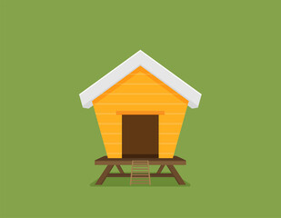 Cartoon vector icon of bright red chicken coop, fresh eggs in the nest. © mix3r