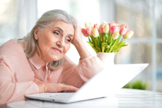 Happy senior woman using laptop