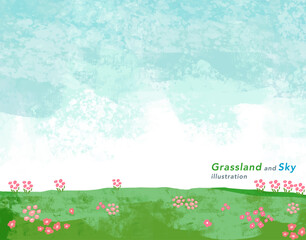 水彩風の草原と空のベクターイラスト背景