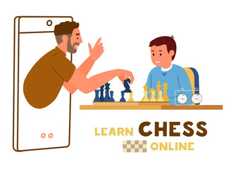 Online Chess Education Concept. Boy Sitting At Table With Chessboard And Chess Timer. Teacher Holding Knight Shows How To Play From Smartphone. Vector Illustration.