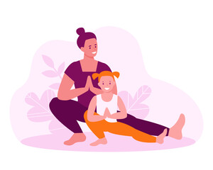 Mother and daughter are doing yoga. Family fitness classes concept. Vector illustration in flat cartoon style.