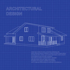 Stylish architectural  blueprint.Vector wireframe perspective of luxury modern house exterior. 3D vector model of cottage. 