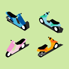 Isometric drawing of Motorcycle Bike with Two Point of View and Mirror Sample with Shadow, Color Sample of Pastel Color Scheme, Flat Cartoon Vector Illustration can be used as Icon Logo Avatar