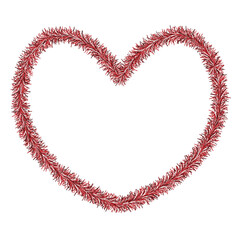 Heart. Plush love symbol made of tinsel. Colored vector illustration. Isolated white background. Valentines Day. Ruby color. Cute fluffy heart. Frame. Idea for web design, banner, invitation, postcard