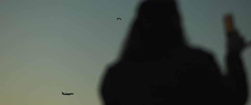 Silhouette view of a woman looking to the sky, while plane and a segull flying in the background