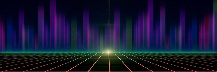 Retro style 80s Sci-Fi Background Futuristic with laser grid landscape. Digital cyber surface style of the 1980`s. 3D illustration. For banner