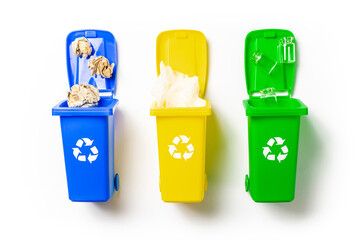 Plastic trash. Yellow, green, blue dustbin for recycle plastic, paper and glass can trash isolated on white background. Bin container for disposal garbage waste and save environment.