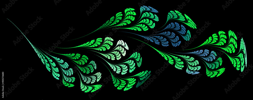 Poster ornament from green leaves on a wavy twig on a black background. abstract fractal background. graphi