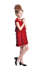 Full length. girl in red dress  posing isolated
