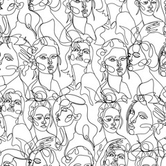 One line woman portrait seamless pattern in contemporary abstract style. Vector hand drawn illustration.