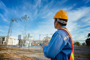 Engineer in uniform and helmet is behind small power plants at construction sites in Asia.