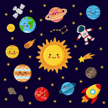 Collection of solar system planets and Sun. Space elements.