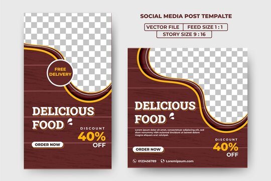 Set of Editable banner template for food promotion. Abstract yellow frame line with a brown color background. Flat design vector with a photo collage. Usable for social media feed, story, and banner.