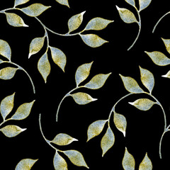 Watercolor leaves on a black background. Green foliage. Hand-drawn elements. Dark botanical texture. Fabric seamless pattern. Wallpaper design. Wrapping paper in vintage style