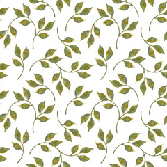 Green watercolor leaves on a white background. Simple seamless pattern in eco style. Botanical wallpaper design, natural fabric print. Hand-drawn herbal elements