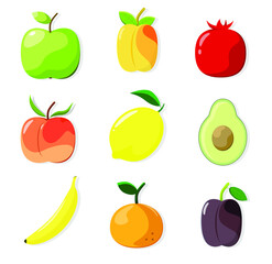 A set of ripe fruits. Apple, apricot, pomegranate, peach, lemon, avocado, banana, tangerine, plum