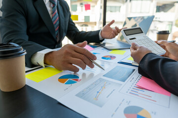 The business team meets for a professional investor meeting working and discussing projects, business strategies, marketing, business finance and accounting concept.