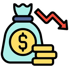 Coins bag with decrease arrow icon, Bankruptcy related vector