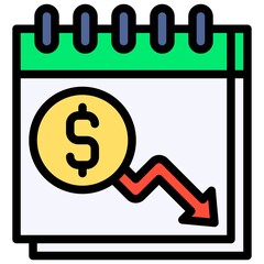 Calendar with coin and decrease arrow icon, Bankruptcy related vector