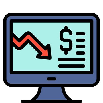 Monitor with decrease arrow icon, Bankruptcy related vector