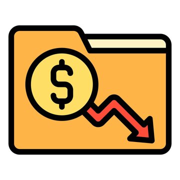 Folder with coin and decrease arrow icon, Bankruptcy related vector
