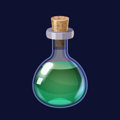 Bottle with liquid green potion magic elixir game icon GUI. Vector illstration for app games user interface