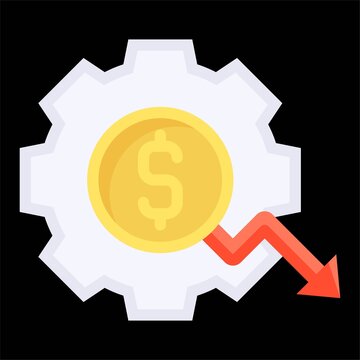 Gear with coin and decrease arrow icon, Bankruptcy related vector