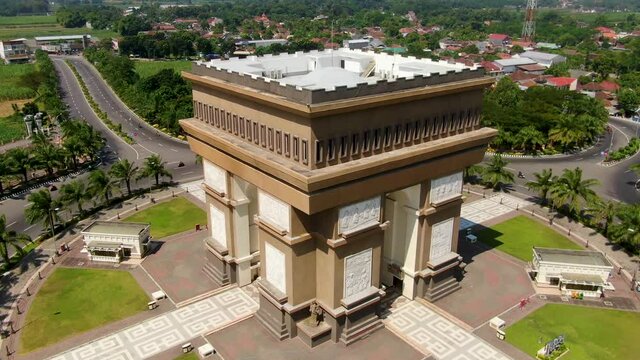 Aerial view of arch of triumph Simpang Lima Gumul Monument in Kediri, Indonesia