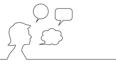 One line drawing style of a woman on the left and a pen on the right. They’re closed together. Concept about speak, speech, conversation, communication and etc.
