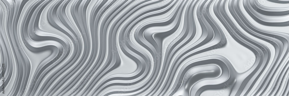 Wall mural 3d rendered abstract grey metallic background. wavy silver.