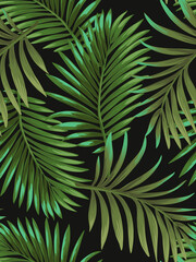 Naklejka na ściany i meble Green tropical palm leaves seamless vector pattern on the black background.Trendy summer print.