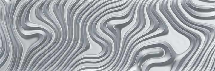 3D rendered abstract grey metallic background. Wavy silver.