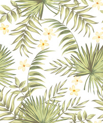 Green tropical palm leaves seamless vector pattern on the black background.Trendy summer print.